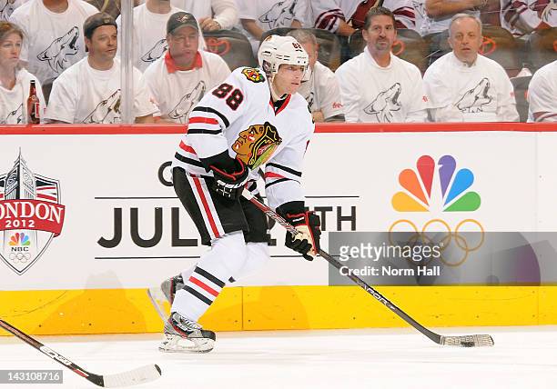 Patrick Kane of the Chicago Blackhawks skates with the puck against the Phoenix Coyotes in Game One of the Western Conference Quarterfinals during...