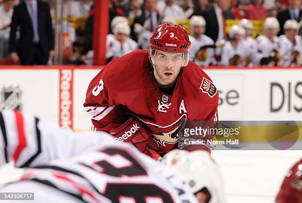 Keith Yandle of the Phoenix Coyotes gets ready during a faceoff against the Chicago Blackhawks in Game One of the Western Conference Quarterfinals...