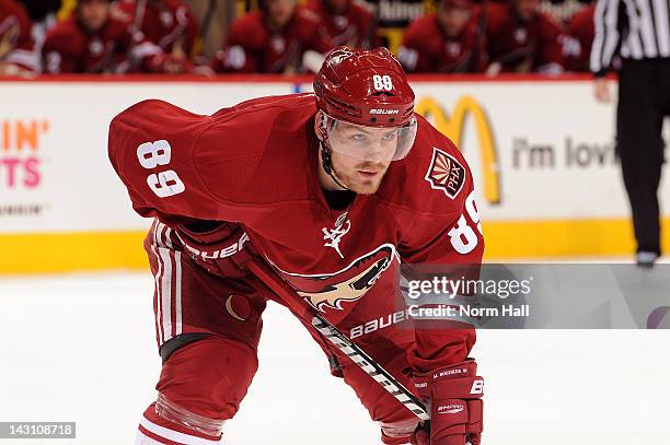 Mikkel Boedker of the Phoenix Coyotes gets ready during a faceoff against the Chicago Blackhawks in Game One of the Western Conference Quarterfinals...