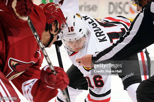 Marcus Kruger of the Chicago Blackhawks gets ready to take a faceoff against the Phoenix Coyotes in Game One of the Western Conference Quarterfinals...