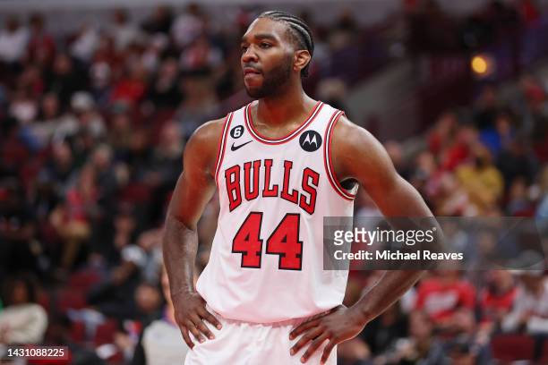 Patrick Williams of the Chicago Bulls looks on against the New Orleans Pelicans during the second half of a preseason game at the United Center on...