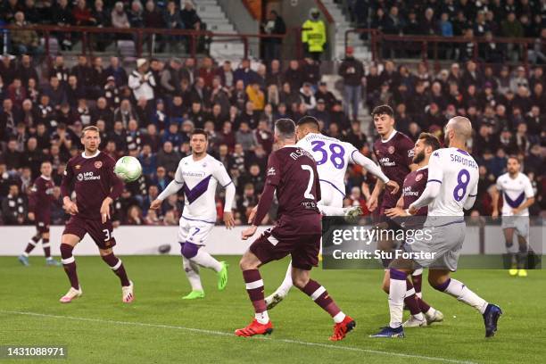Rolando Mandragora of ACF Fiorentina scores their team's first goal during the UEFA Europa Conference League group A match between Heart of...