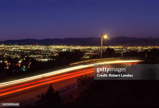 aerial view of the san fernando valley in southern california from above mulholland drive in the hollywood hills. - mulholland drive stockfoto's en -beelden