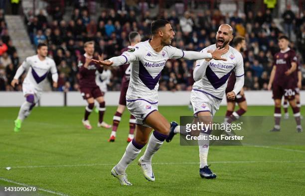 Rolando Mandragora of ACF Fiorentina celebrates after scoring their team's first goal during the UEFA Europa Conference League group A match between...