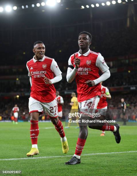 Eddie Nketiah of Arsenal celebrates after scoring their team's first goal during the UEFA Europa League group A match between Arsenal FC and FK...