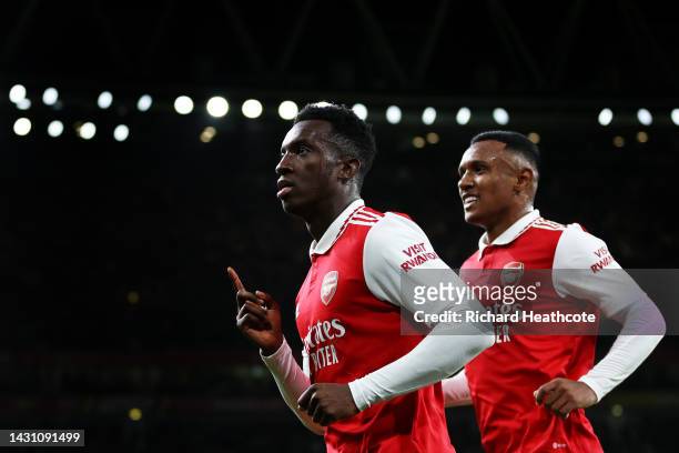 Eddie Nketiah of Arsenal celebrates after scoring their team's first goal during the UEFA Europa League group A match between Arsenal FC and FK...