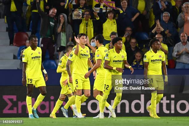 Alex Baena of Villarreal CF celebrates scoring their side's first goal with teammates during the UEFA Europa Conference League group C match between...