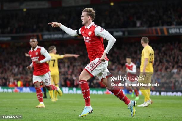 Rob Holding of Arsenal celebrates after scoring their team's second goal during the UEFA Europa League group A match between Arsenal FC and FK...