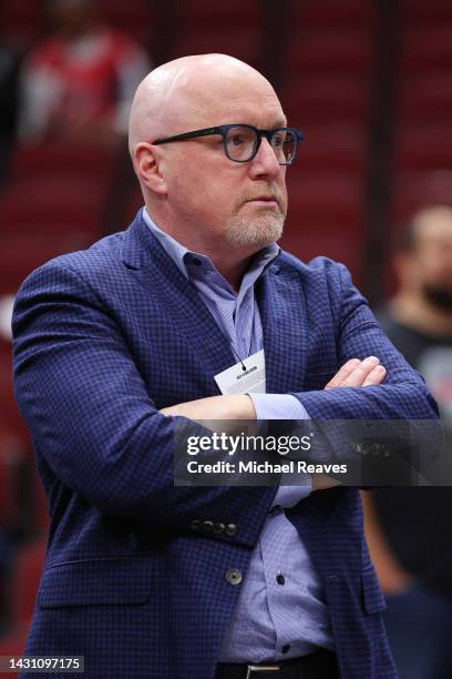 Executive Vice President of Basketball Operations David Griffin of the New Orleans Pelicans looks on prior to a preseason game against the Chicago...