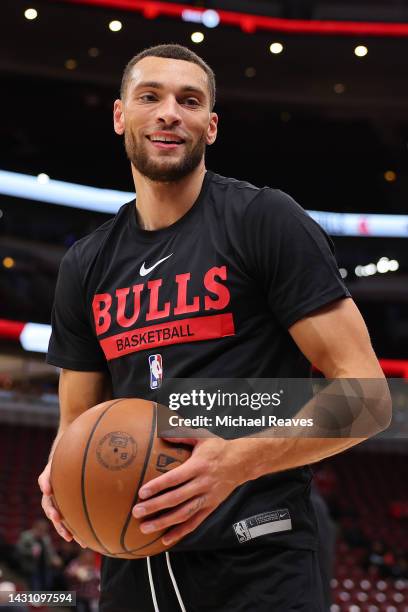 Zach LaVine of the Chicago Bulls looks on prior to a preseason game against the New Orleans Pelicans at the United Center on October 04, 2022 in...