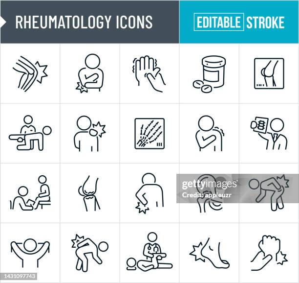 illustrations, cliparts, dessins animés et icônes de icônes de ligne mince de rhumatologie - trait modifiable - arthritis hands