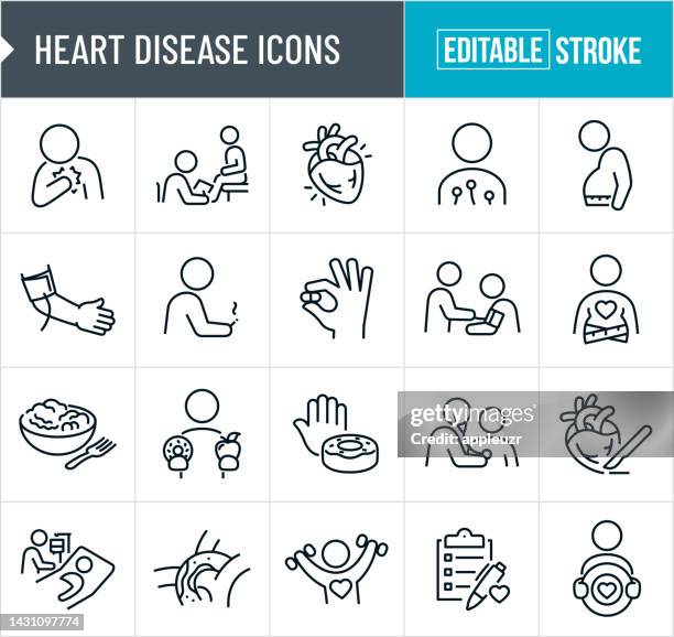 heart disease thin line icons - bearbeitbarer strich - ungesund leben stock-grafiken, -clipart, -cartoons und -symbole