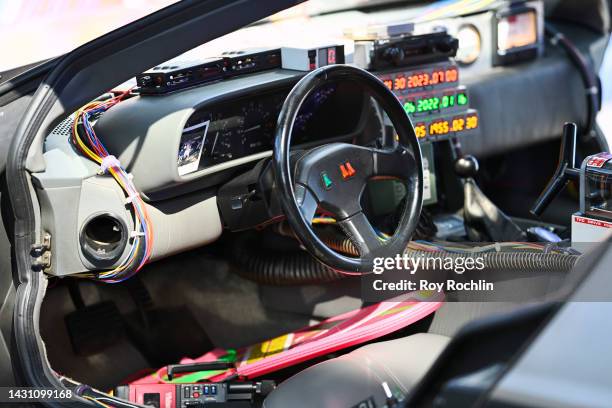 View of the interior of the Delorean from Back to the Future during New York Comic Con 2022 on October 06, 2022 in New York City.