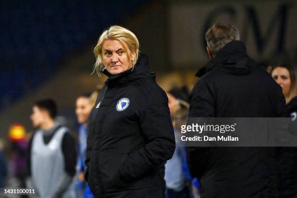 Samira Huren, Head Coach of Bosnia and Herzegovina, looks on during the 2023 FIFA Women's World Cup play-off round 1 match between Wales and Bosnia...