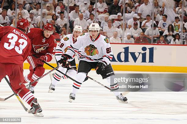 Patrick Kane of the Chicago Blackhawks looks for the puck against the Phoenix Coyotes in Game One of the Western Conference Quarterfinals during the...