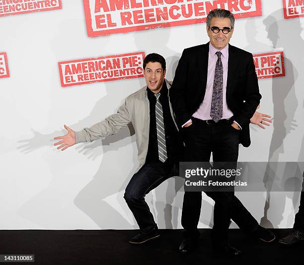 Actors Jason Biggs and Eugene Levy attend a photocall for 'American Pie: Reunion' at the Villamagna Hotel on April 19, 2012 in Madrid, Spain.