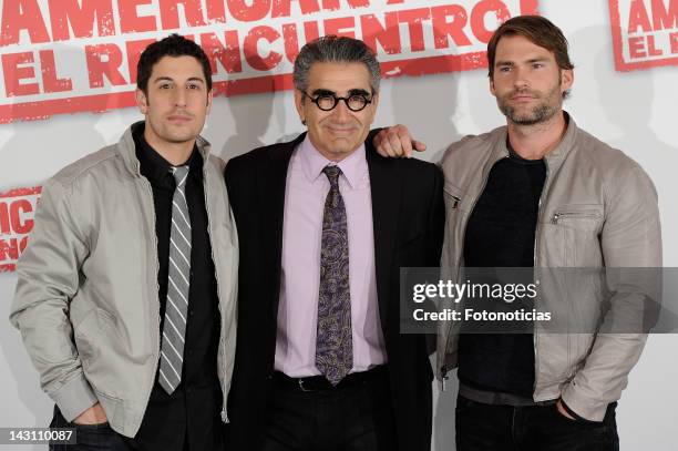 Actors Jason Biggs, Eugene Levy and Sean William Scott attend a photocall for 'American Pie: Reunion' at the Villamagna Hotel on April 19, 2012 in...