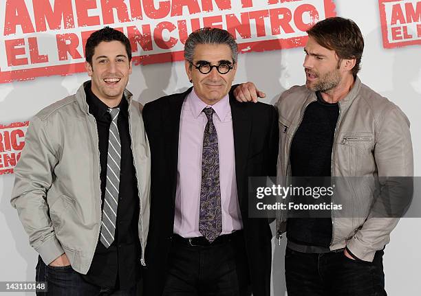 Actors Jason Biggs, Eugene Levy and Sean William Scott attend a photocall for 'American Pie: Reunion' at the Villamagna Hotel on April 19, 2012 in...