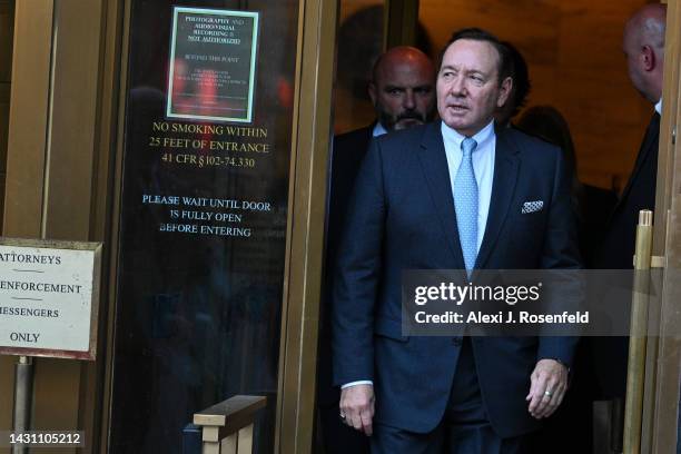 Actor Kevin Spacey leaves the US District Courthouse on October 06, 2022 in New York City. Spacey’s trial began today with jury selection after...