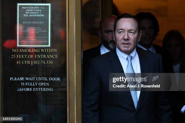 Actor Kevin Spacey leaves the US District Courthouse on October 06, 2022 in New York City. Spacey’s trial began today with jury selection after...