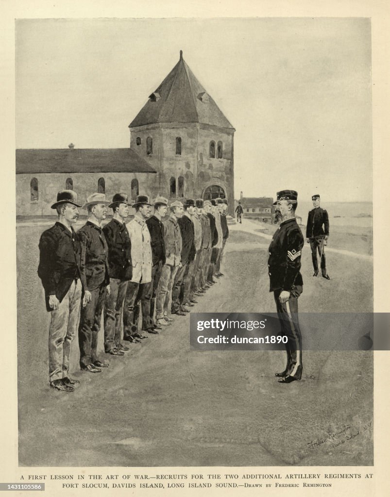 United States army, New recruits at Fort Slocum, Davids Island, Long Island Sound late 19th Century
