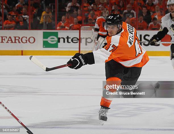 Eric Wellwood of the Philadelphia Flyers takes the shot against the Pittsburgh Penguins in Game Four of the Eastern Conference Quarterfinals during...