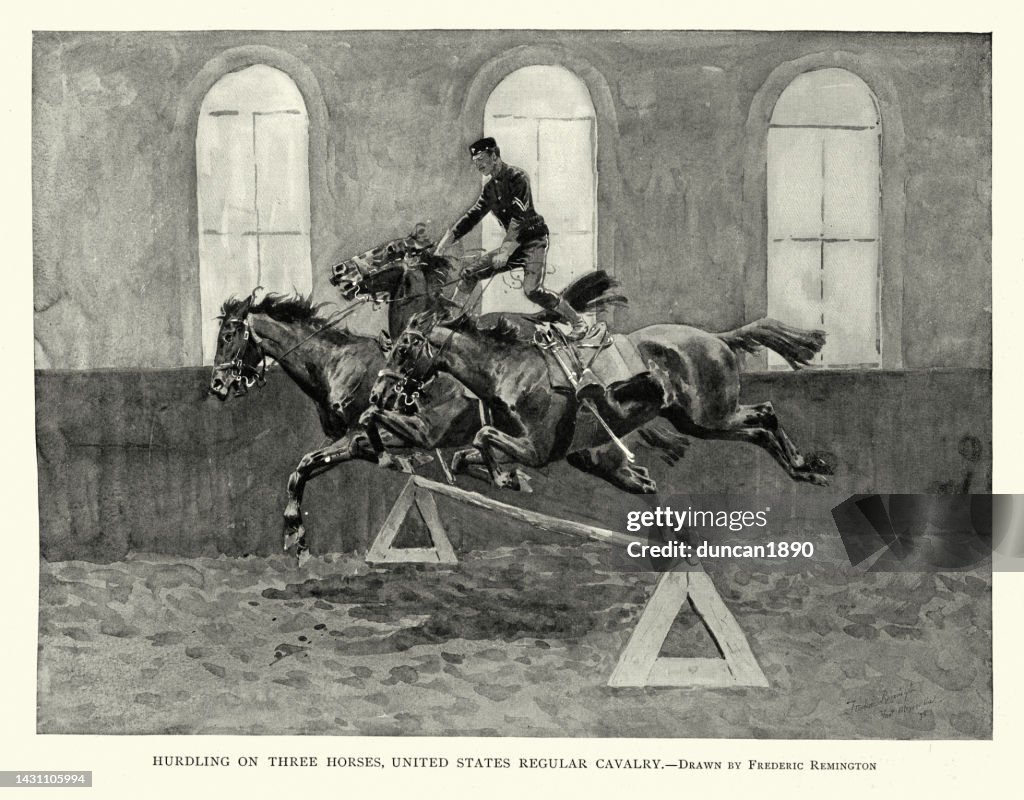 United States army cavalry drill, hurdling three horses, late 19th Century