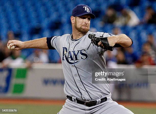 Jeff Niemann of the Tampa Bay Rays throws a pitch during MLB action against the Toronto Blue Jays at the Rogers Centre April 17, 2012 in Toronto,...