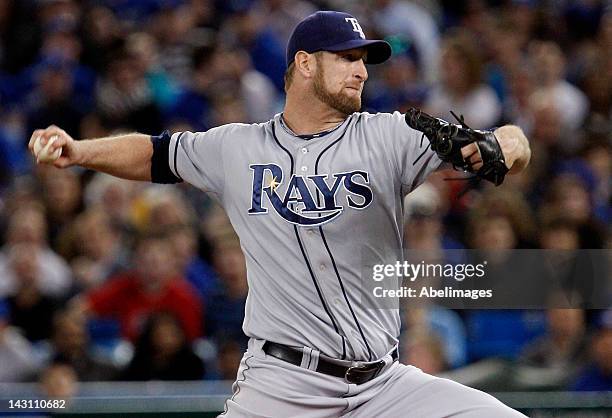 Jeff Niemann of the Tampa Bay Rays throws a pitch during MLB action against the Toronto Blue Jays at the Rogers Centre April 17, 2012 in Toronto,...