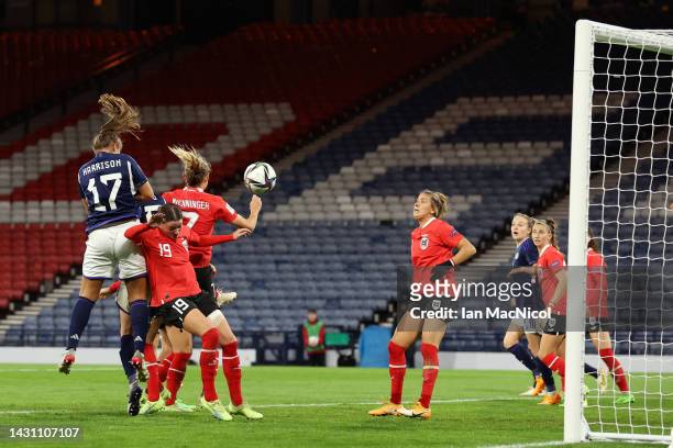 Abigail Harrison of Scotland scores their side's first goal during the 2023 FIFA Women's World Cup play-off round 1 match between Scotland and...