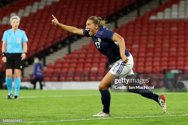 Abigail Harrison of Scotland celebrates scoring their side's first goal during the 2023 FIFA Women's World Cup play-off round 1 match between...