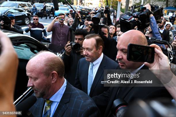 Actor Kevin Spacey is surrounded by members of the media and fans as he leaves the US District Courthouse on October 06, 2022 in New York City....
