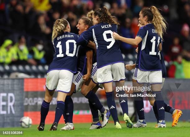 Abigail Harrison of Scotland celebrates scoring their side's first goal with teammates during the 2023 FIFA Women's World Cup play-off round 1 match...