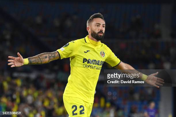 Jose Luis Morales of Villarreal CF celebrates scoring their side's third goal during the UEFA Europa Conference League group C match between...