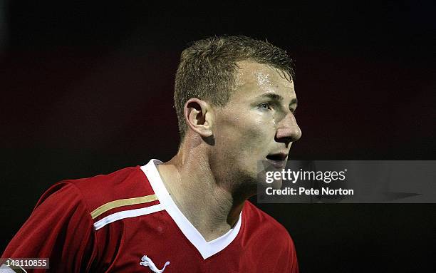 Kyle McFadzean of Crawley Town in action during the League Two match between Crawley Town and Northampton Town at Broadfield Stadium on April 17,...