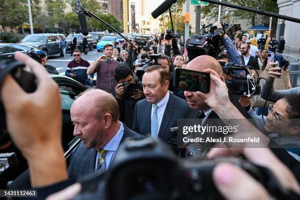 Actor Kevin Spacey is surrounded by members of the media and fans as he leaves the US District Courthouse on October 06, 2022 in New York City....