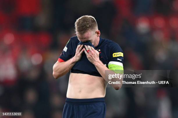Petr Sevcik of Slavia Praha looks dejected following their side's defeat in the UEFA Europa Conference League group G match between Slavia Praha and...