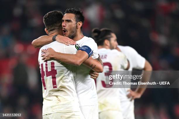 Yuri Matias celebrates with Camora of CFR Cluj after their sides victory during the UEFA Europa Conference League group G match between Slavia Praha...