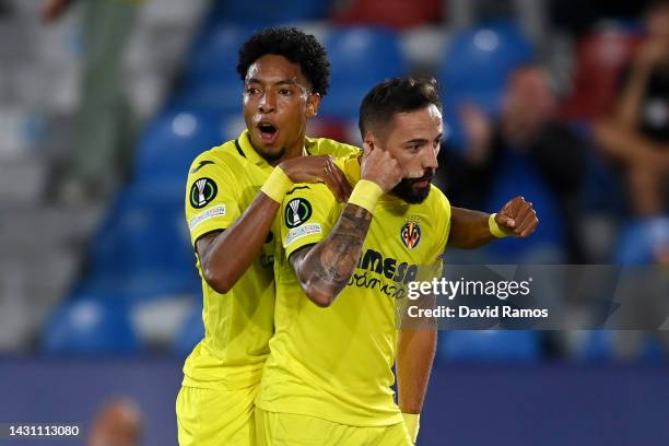 Jose Luis Morales of Villarreal CF celebrates scoring their side's fifth goal with teammates during the UEFA Europa Conference League group C match...