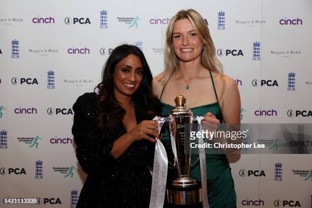 Lauren Bell holds the cinch PCA Women's Young Player of the Year which was won by Freya Kemp with Isa Guha during the cinch PCA Awards at The...