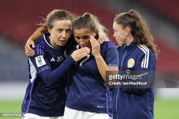 Rachel Corsie celebrates their side's win with Abigail Harrison of Scotland after the final whistle of the 2023 FIFA Women's World Cup play-off round...