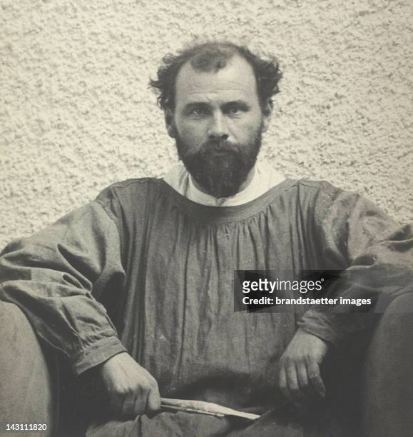 Austrian painter Gustav Klimt in the main hall of the 14th exhibition. Secession. Vienna. Photograph. 1902.