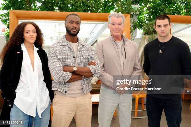 Quintessa Swindell, Aldis Hodge, Pierce Brosnan, and Noah Centineo attend the Warner Bros. "Black Adam" Photo Call at SLS Hotel, a Luxury Collection...