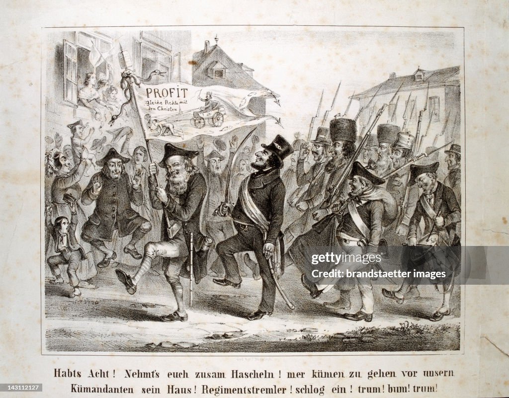 "Habts Acht! Nehmts euch zusam Hascheln!...": anti-Semitic leaflet about the Jewish national guard during the revolution in Vienna. Lithograph. 1848
