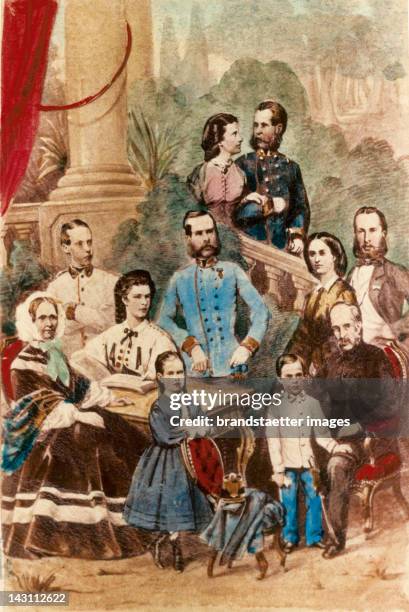 The royal Family. Archduchess Sophie with Gisela, Empress Elisabeth, archduke Franz Karl with crown prince Rudolf, behind Emperor Franz Joseph, on...