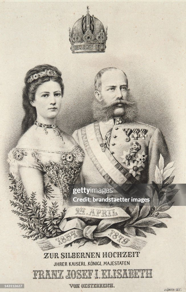 Memorial page on the occasion of the 25th wedding anniversary of Emperor Franz Joseph and Empress Elisabeth. 24.4.1879. Lithograph by J. Günter.