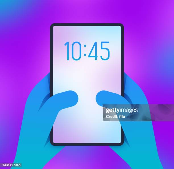 hands holding a mobile device - screen time stock illustrations