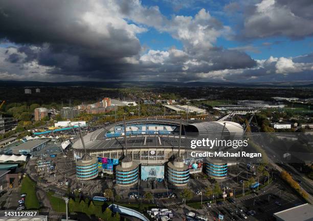 Aerial view of the Etihad Stadium prior to the UEFA Champions League group G match between Manchester City and FC Copenhagen at Etihad Stadium on...