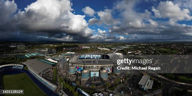 Aerial view of the Etihad Stadium prior to the UEFA Champions League group G match between Manchester City and FC Copenhagen at Etihad Stadium on...