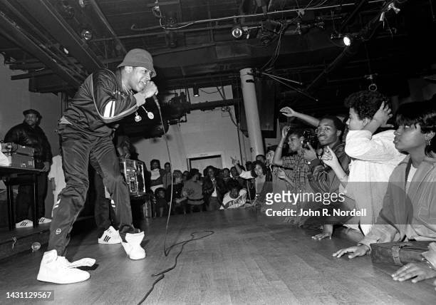 American rapper, songwriter, record producer, and actor LL Cool J, performs on stage in Boston, Massachusetts in December 1985.